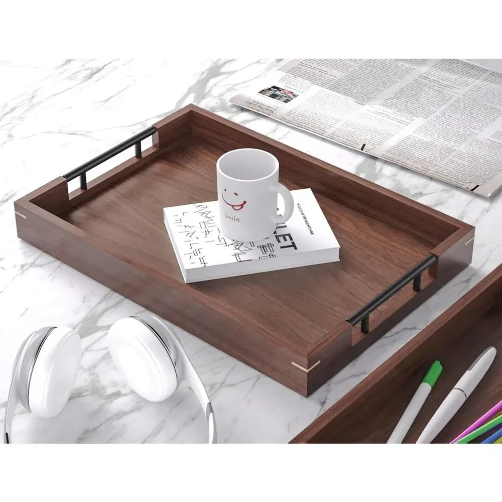Set of 2 WALNUT Wood Serving Trays Metal Handles Ottoman Decorative Platter M L
